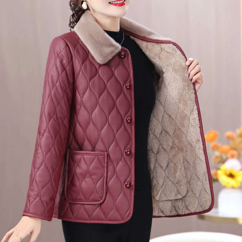 冬季新款加绒加厚棉衣妈妈装短款外套免洗软皮保暖大码棉服