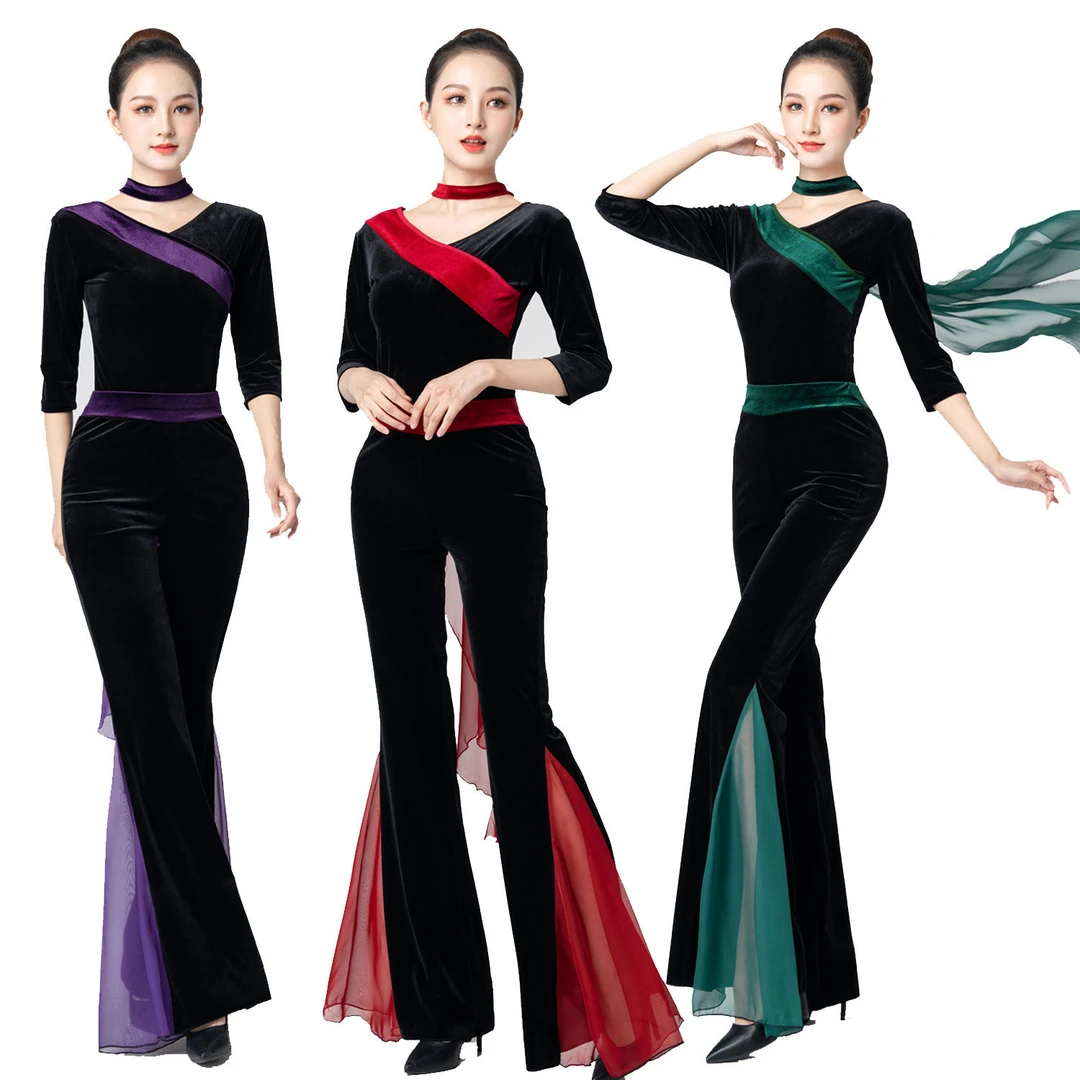 形体礼仪训练服女连体套装秋冬季2024新款金丝绒带暗扣中袖舞蹈服