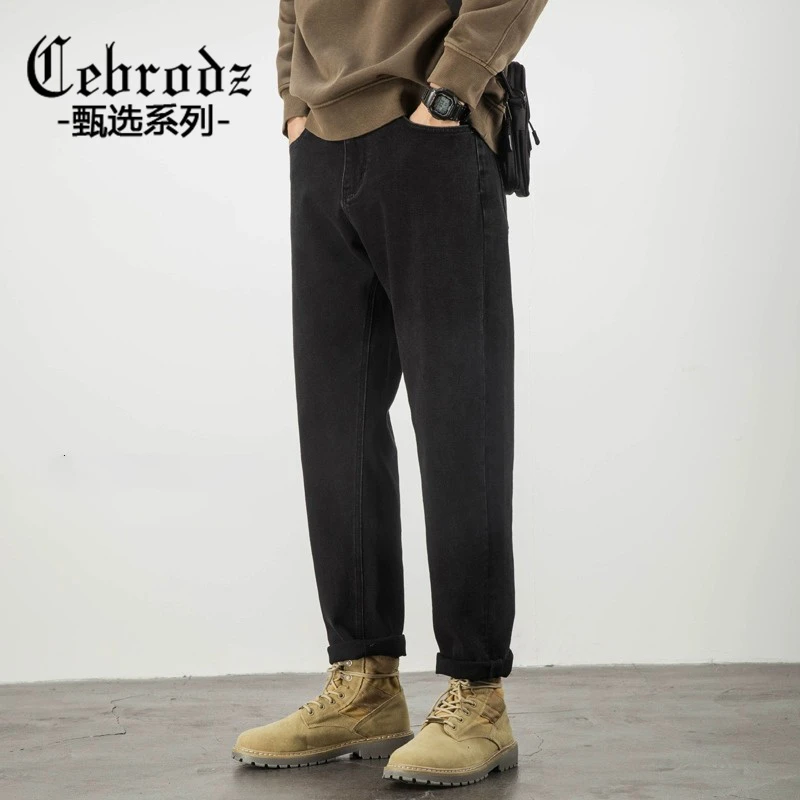 Cebrodz2024春季黑色牛仔裤男宽松直筒潮流休闲百搭大码弹力裤子