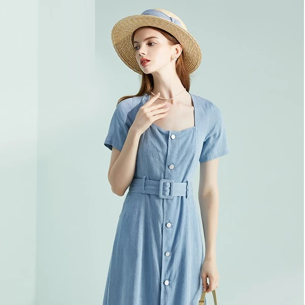连衣裙时尚网红方领连衣裙女装连衣裙显瘦气质小个子蓝色夏季法式