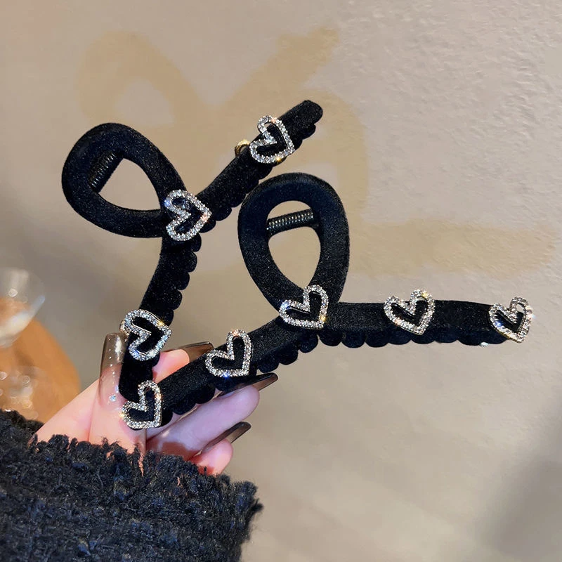 非金属发饰 爱心水钻抓夹大号植绒夹头饰发夹后脑勺高级感鲨鱼夹