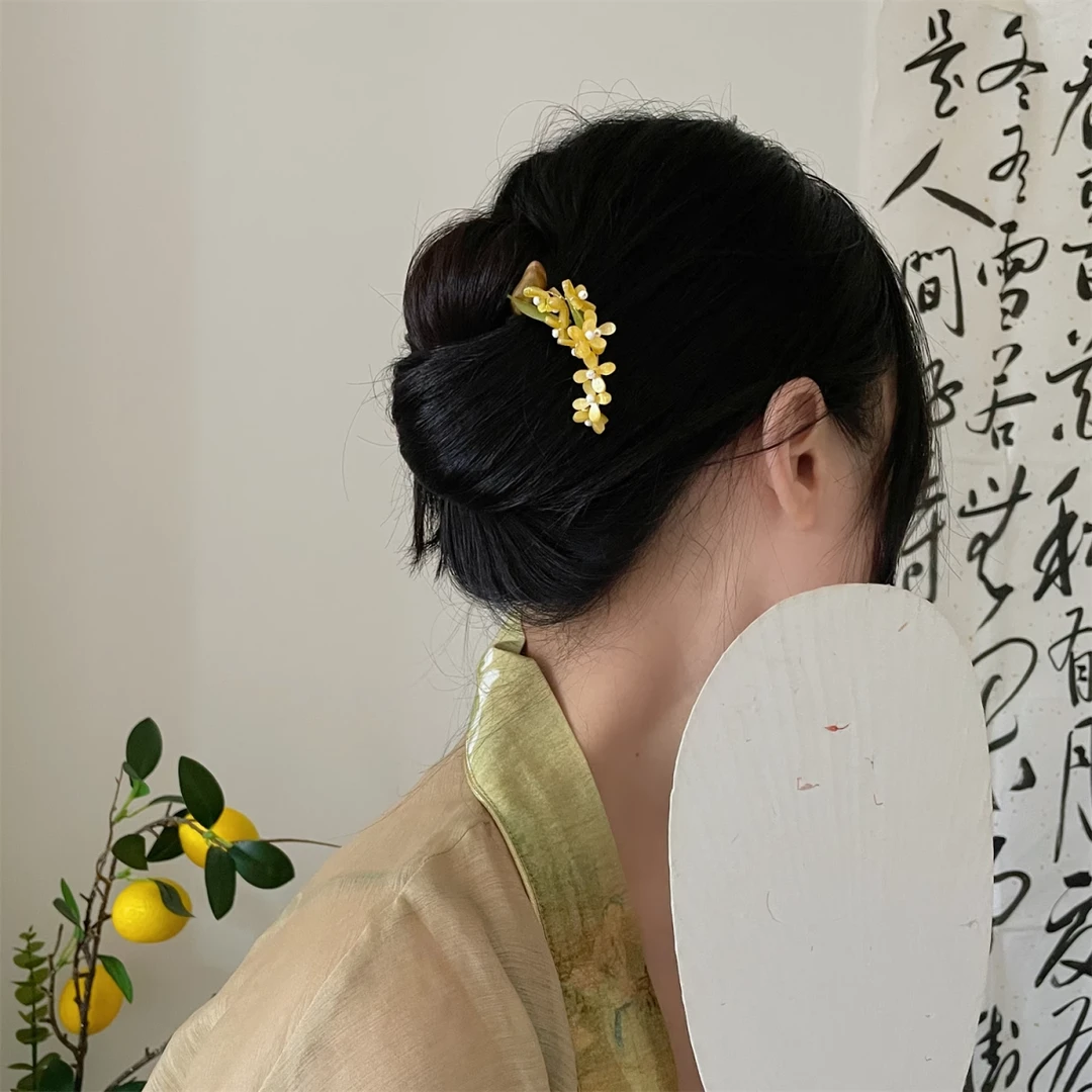原创小黄花桂花发簪女夏天绿檀木簪子步摇古风高级感中式盘头发钗