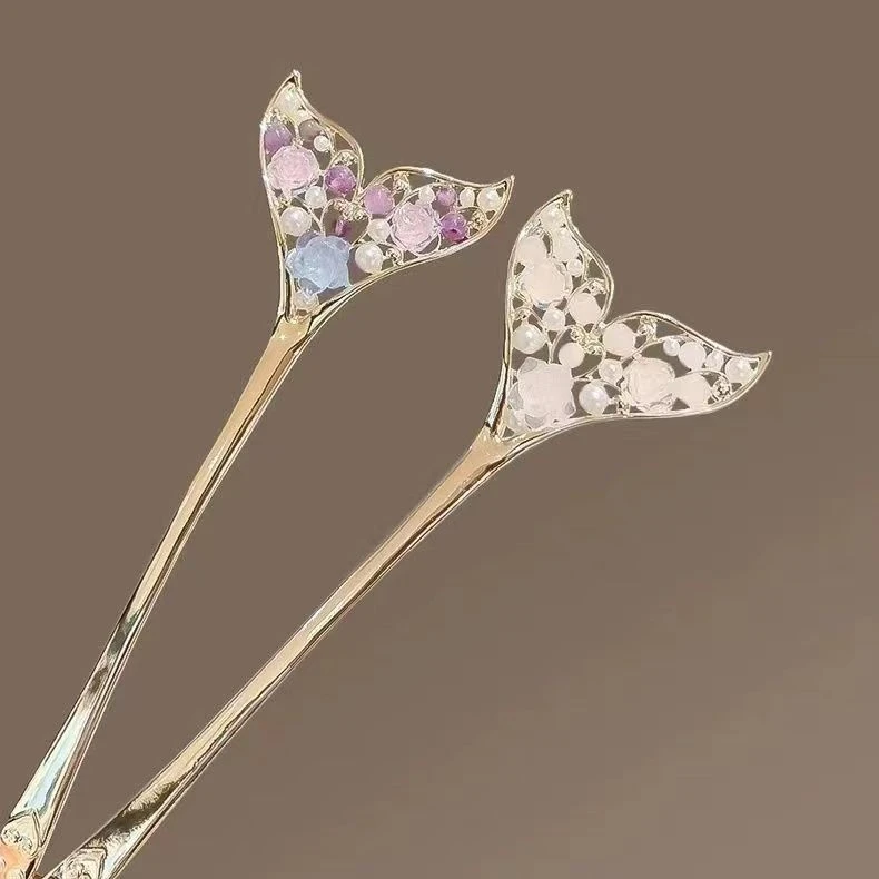 琉璃滴油花朵鱼尾发簪女小众设计感发后脑勺高级盘发簪子简约头饰