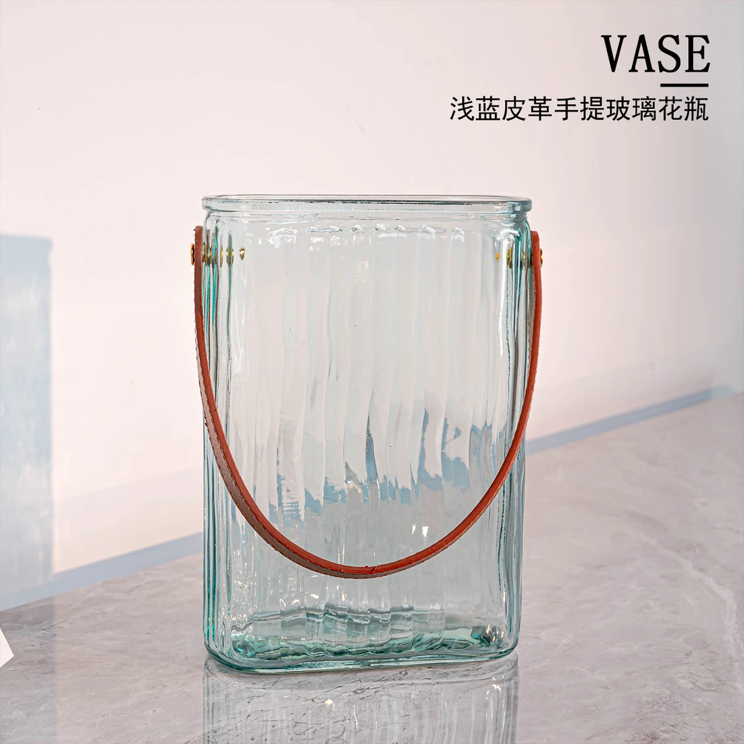 [色彩]淡蓝色皮革手提网红水培器皿水培绿萝玻璃容器花瓶J047