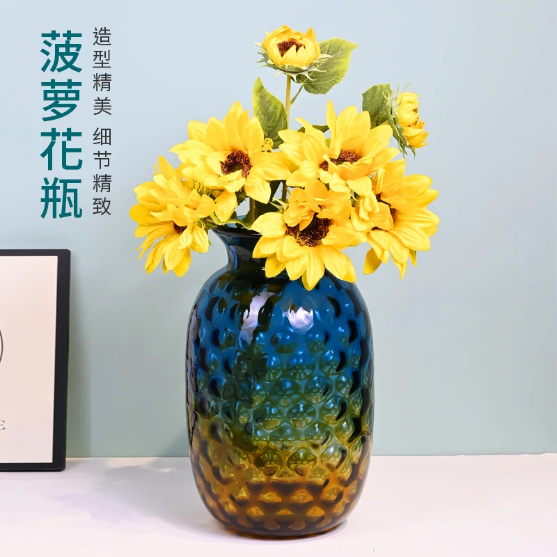 J064欧式轻奢琥珀蓝色渐变纯手工菠萝纹陶瓷琉璃大客厅上档次花瓶