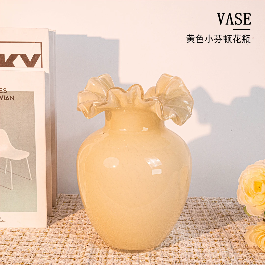 [色彩]欧式复古奶黄色花口芬顿琉璃花瓶高级感鲜花专用J194