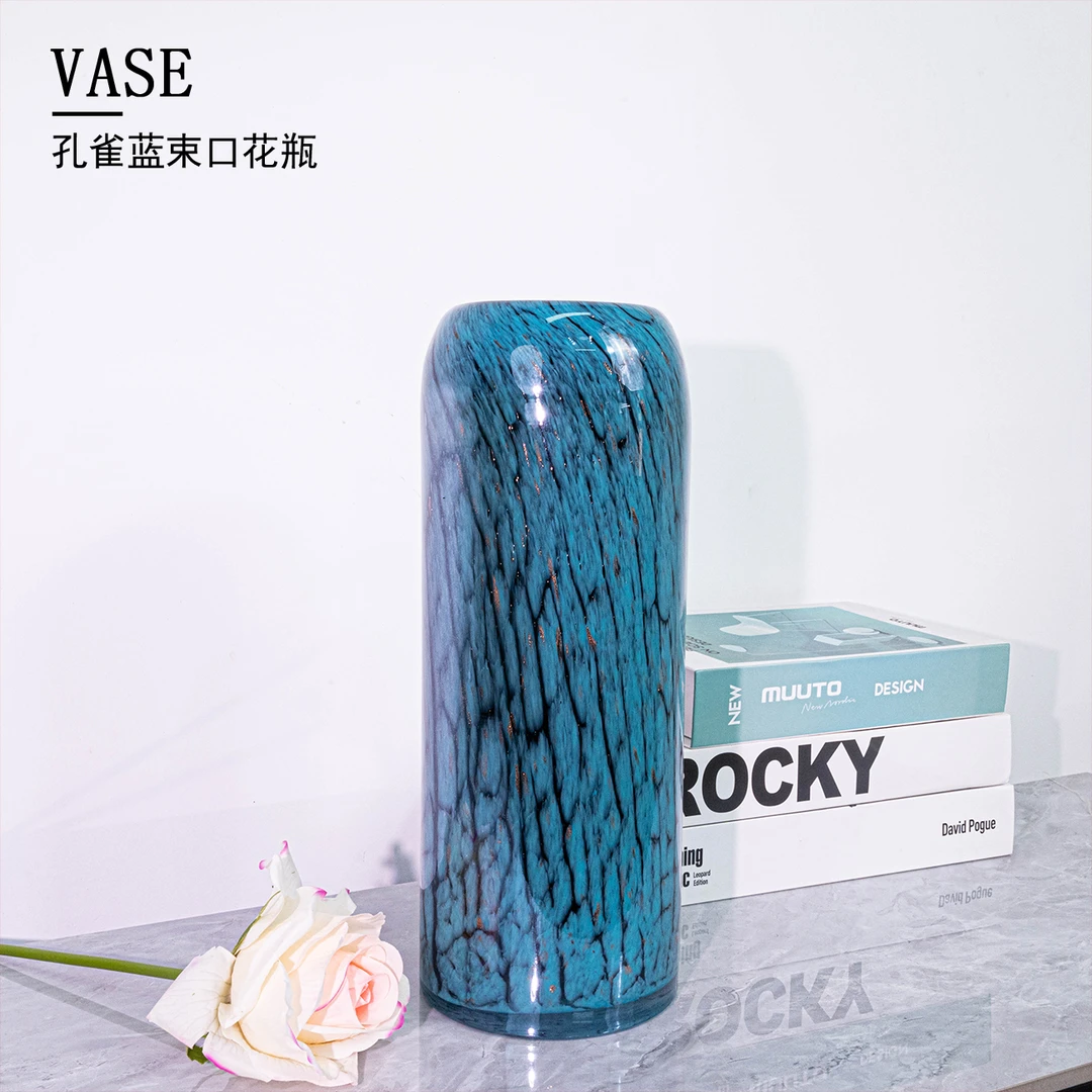 [色彩]欧式轻奢时尚孔雀蓝圆柱形琉璃花瓶桌面简约花卉装饰J293