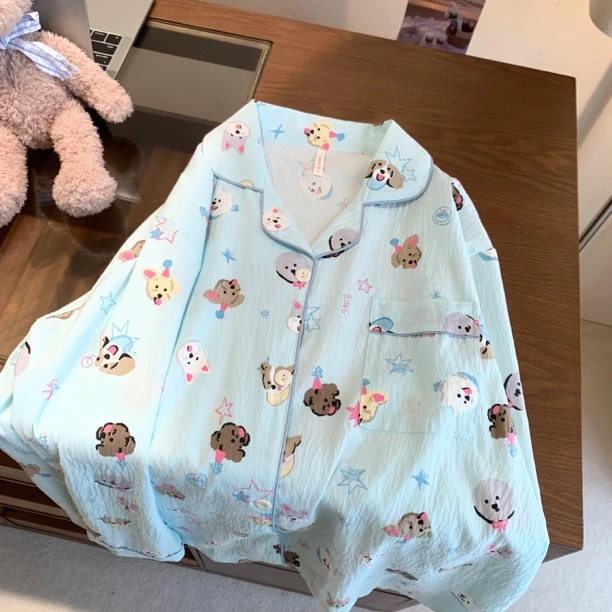 【闪亮小狗】韩版ins可爱小狗印花睡衣女套装春秋长袖学生家居服