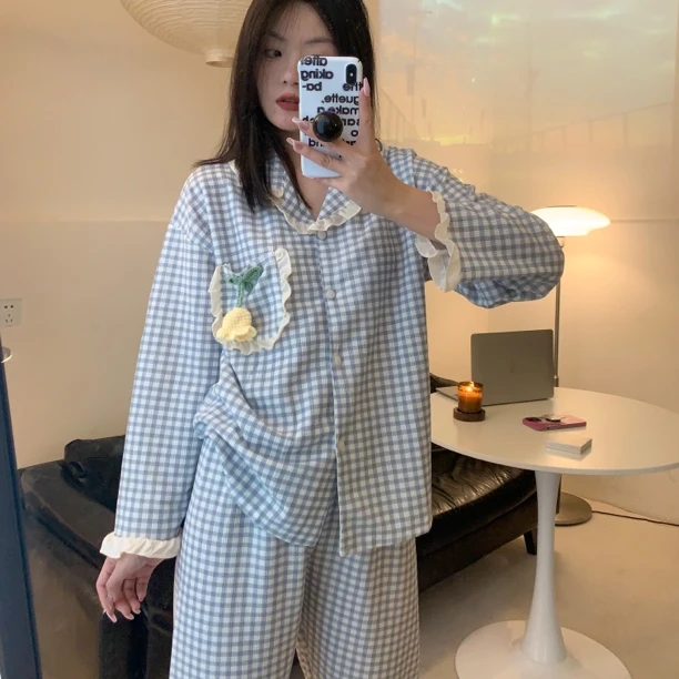 【风铃花开】ins甜美少女睡衣华夫格棉质格子家居服长袖套装可外穿