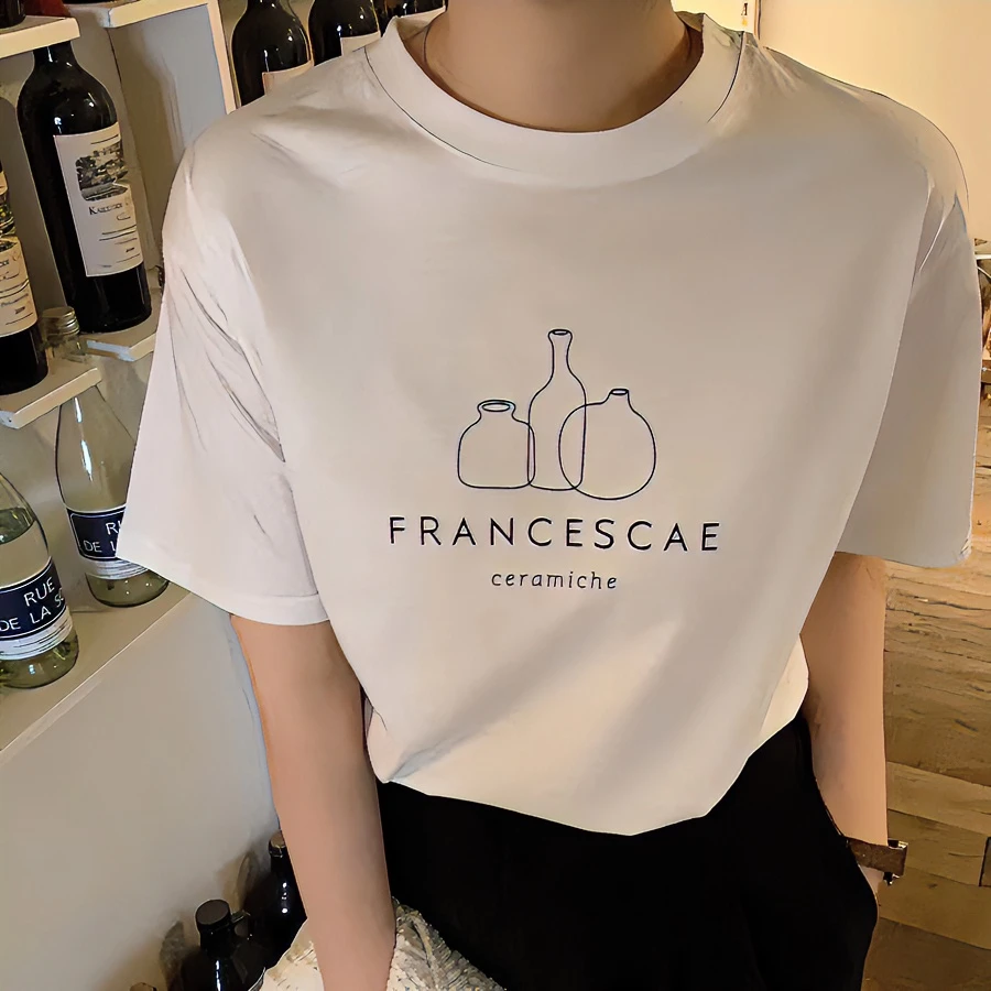 夏装圆领T恤韩版英文短袖t恤短袖芭比风时尚常规休闲白色夏季