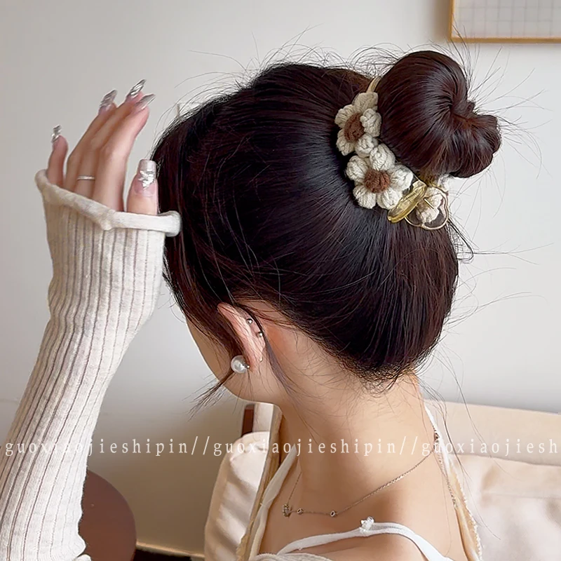 复古毛线花朵丸子头抓夹女高颅顶发卡头饰夹子气质发夹秋冬鲨鱼夹