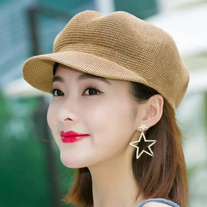 新款镂空贝雷八角帽女夏季出游百搭防晒网眼透气草帽日系英伦女帽