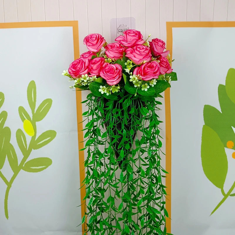 客厅墙上仿真装饰玫瑰花藤条藤蔓柳叶藤塑料花蝴蝶兰挂墙花篮遮挡