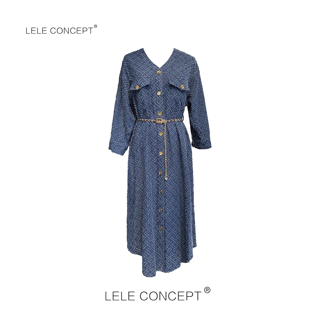 LELE CONCEPT｜秋满印金扣金链腰带八分袖连衣裙气质Q0397