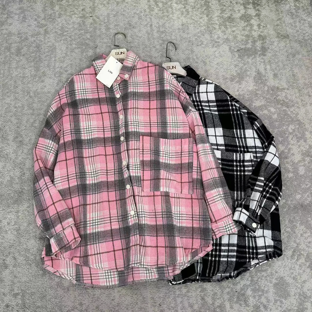 南南大版 单口袋格子磨毛长袖衬衣时尚休闲百搭宽松韩版651206