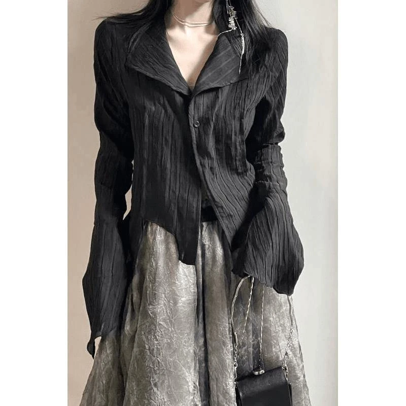 方妹酷黑野几显瘦小众长袖衬衫女复古设计感上衣内搭秋季