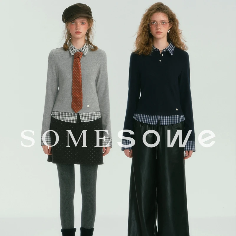 SOMESOWE【肖然好物】格纹休闲polo长袖上衣
