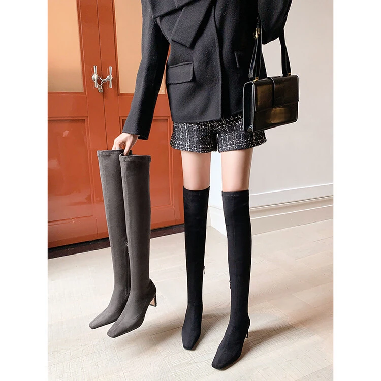 【烈焰】韩版方头粗跟羊反绒包腿显瘦超稳高跟过膝靴女 F5018-8