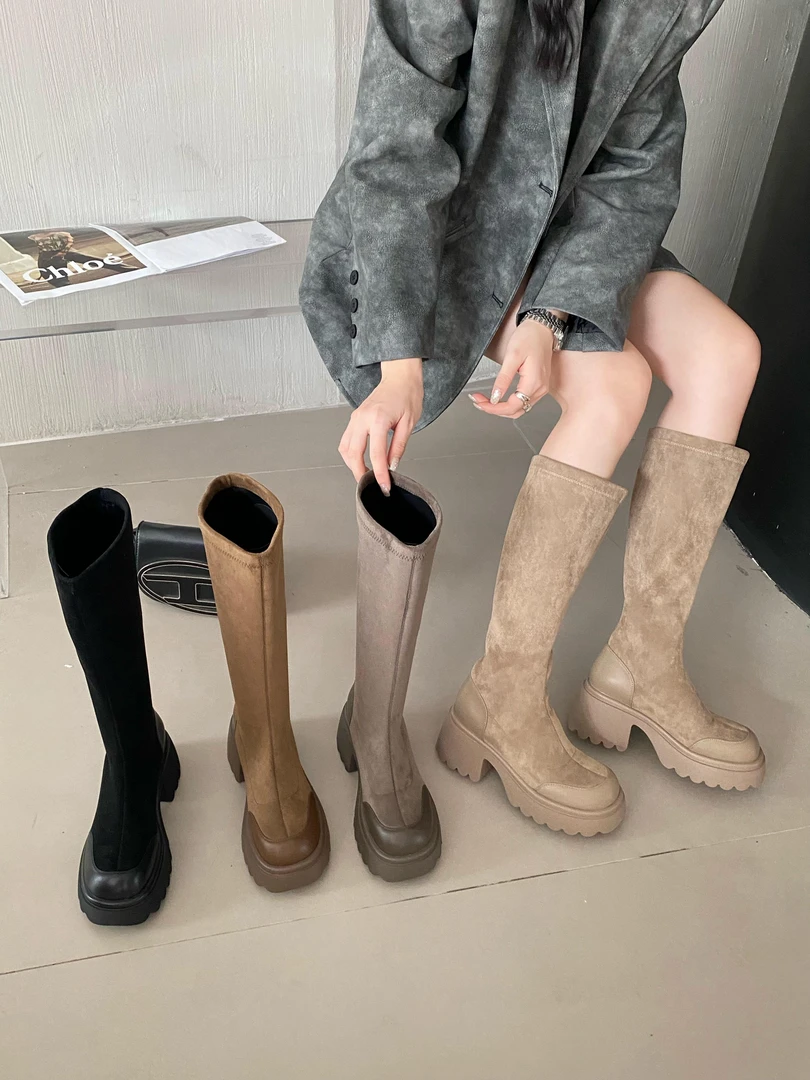 【大牌高奢】5cm薄绒欧货厚底高筒靴显瘦女拼接 高筒瘦瘦靴  77607C