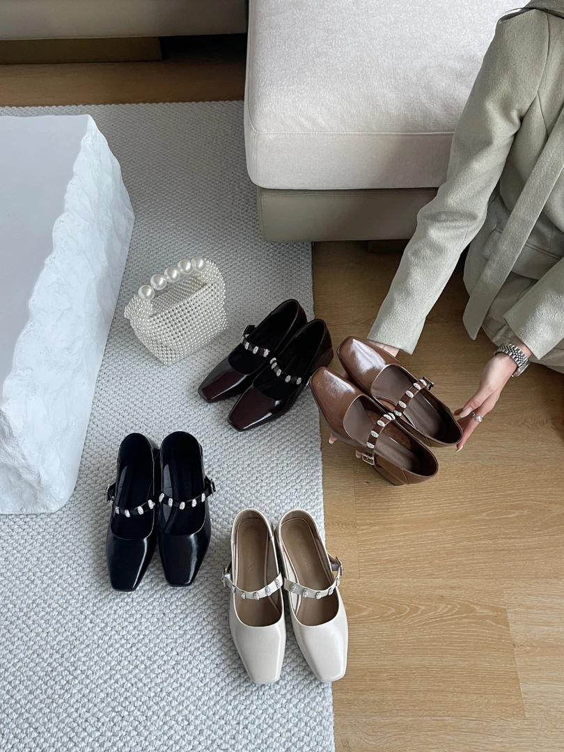 【西域】3cm复古方头真皮软底新款低跟玛丽珍鞋通勤高跟鞋女 D358-2