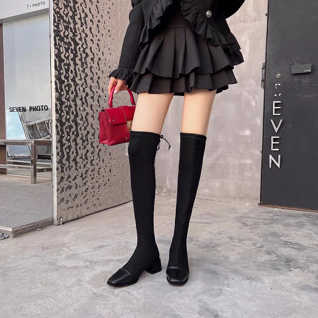 【断码福利】4CM 薄绒 小个子粗跟女靴 黑色拼接过膝靴女 80-3059