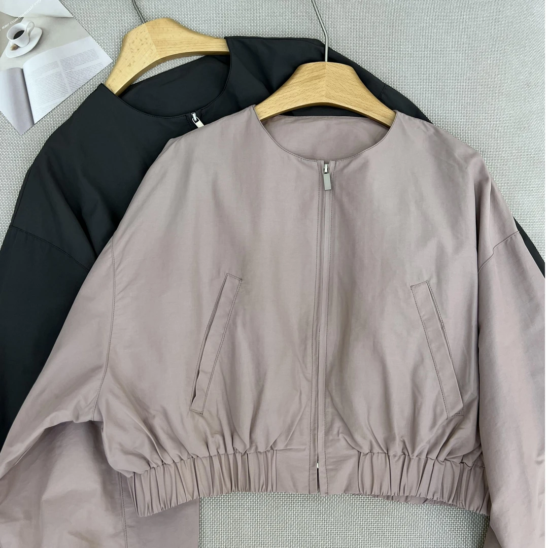 【婷婷女装】韩版松紧收腰简约拉链冲锋衣短款小外套2024秋冬新款