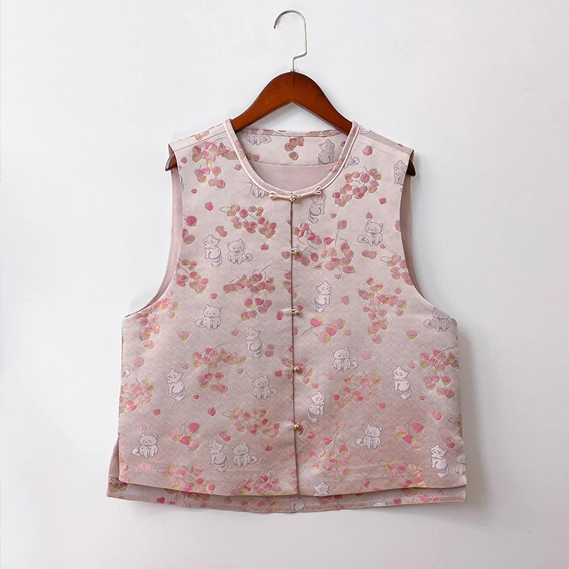 【秋日来信喵】桑蚕丝国风质感圆领直襟粉色可爱休闲百搭宋锦马甲