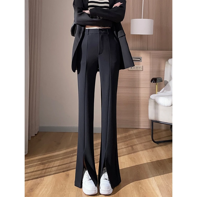 黑色西装裤女春秋2023新款小个子高腰显瘦休闲垂坠感开叉微喇叭裤