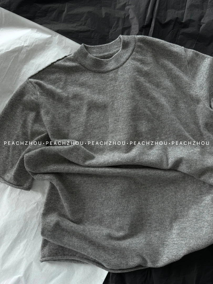 『PEACHZHOU』100羊毛卷边圆领宽松廓形短袖毛衣休闲慵懒针织上衣女