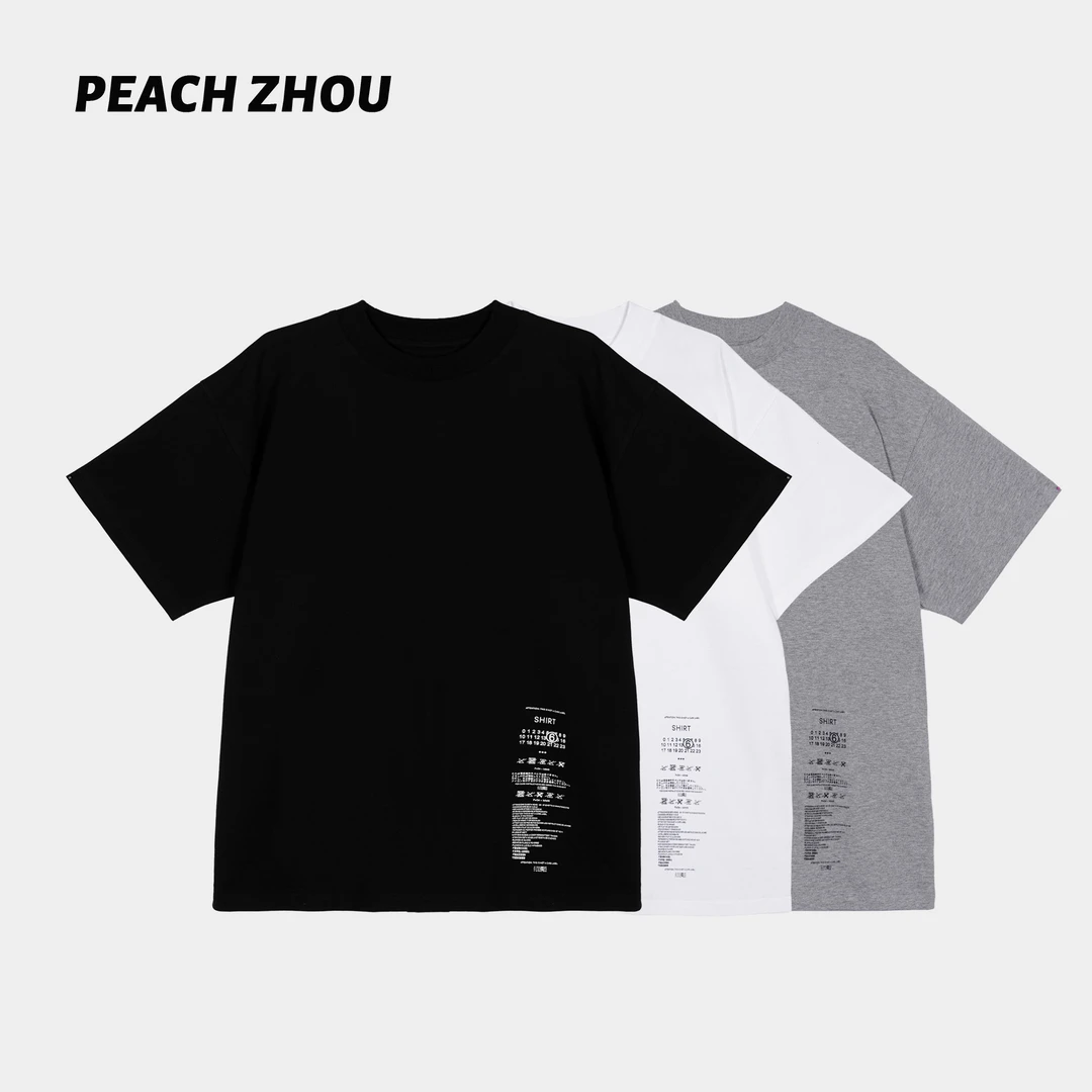『PEACHZHOU』日历水洗标印花宽松圆领廓形短袖休闲百搭情侣内搭T恤