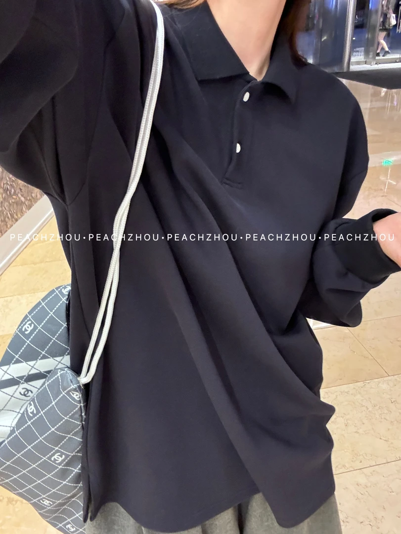 『PEACHZHOU』三角标两粒扣翻领宽松廓形长袖休闲百搭情侣款polo衫