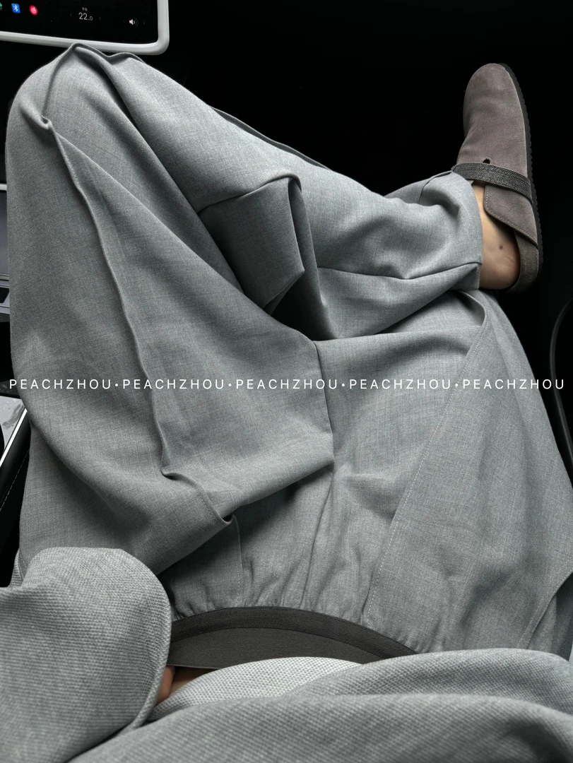 『PEACHZHOU』撞色腰头压褶宽松直筒西装休闲裤弹力垂感阔腿长裤女