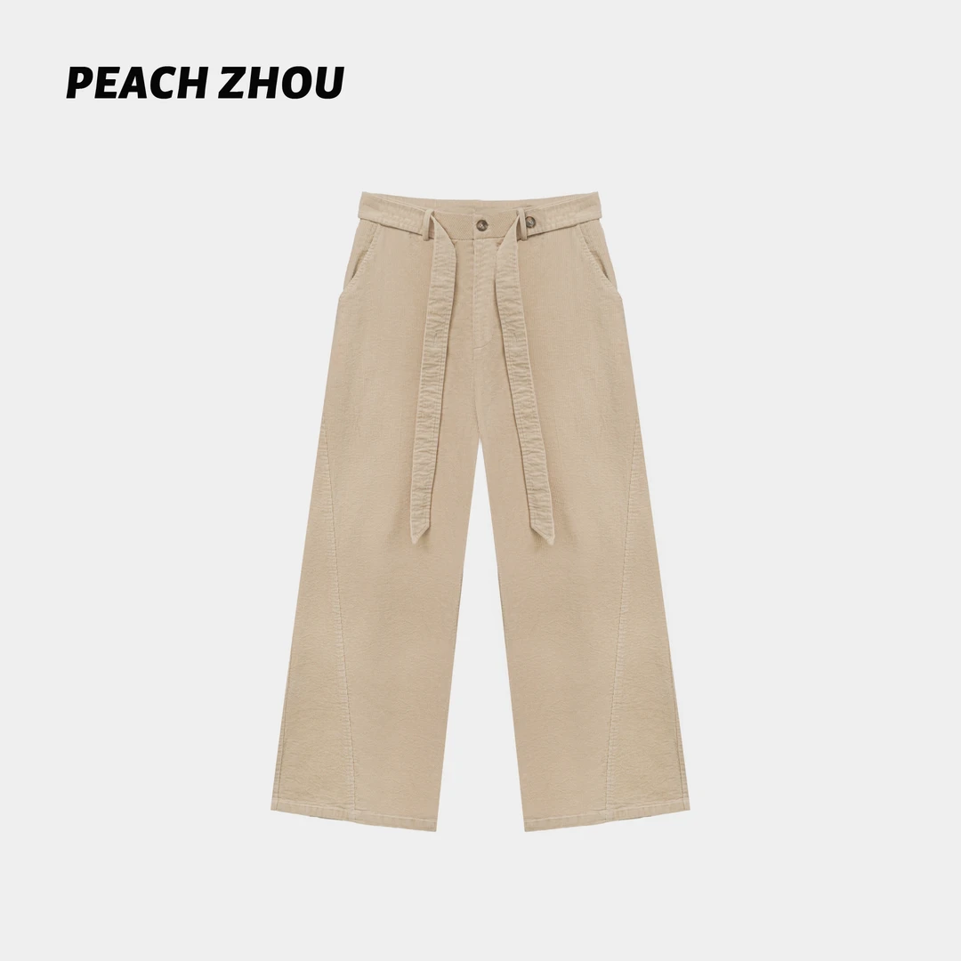 『PEACHZHOU』灯芯绒坑条腰带宽松直筒休闲裤通勤百搭阔腿长裤女