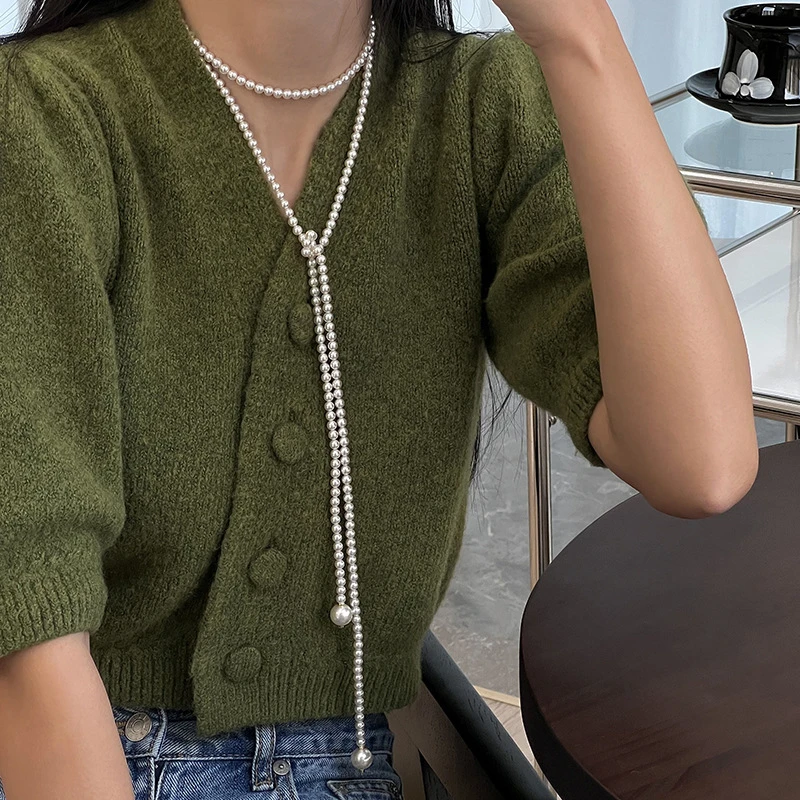 铜合金仿珍珠项链 高级感轻奢小众项链女款多种戴法长款毛衣链