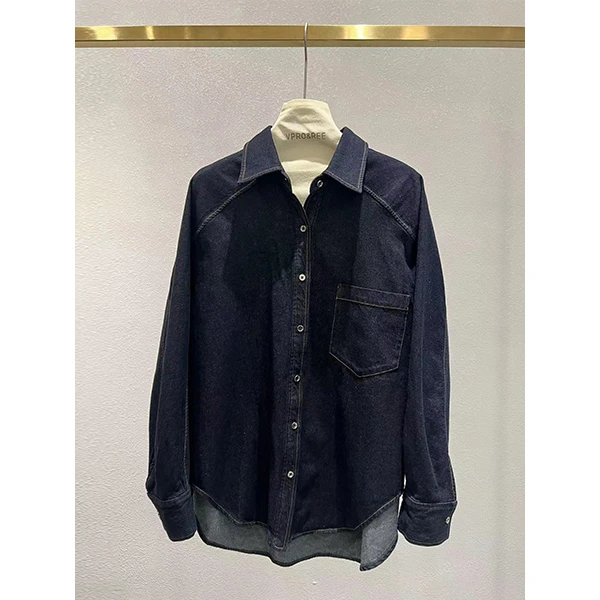 原牛落肩翻领长袖牛仔衬衫0546