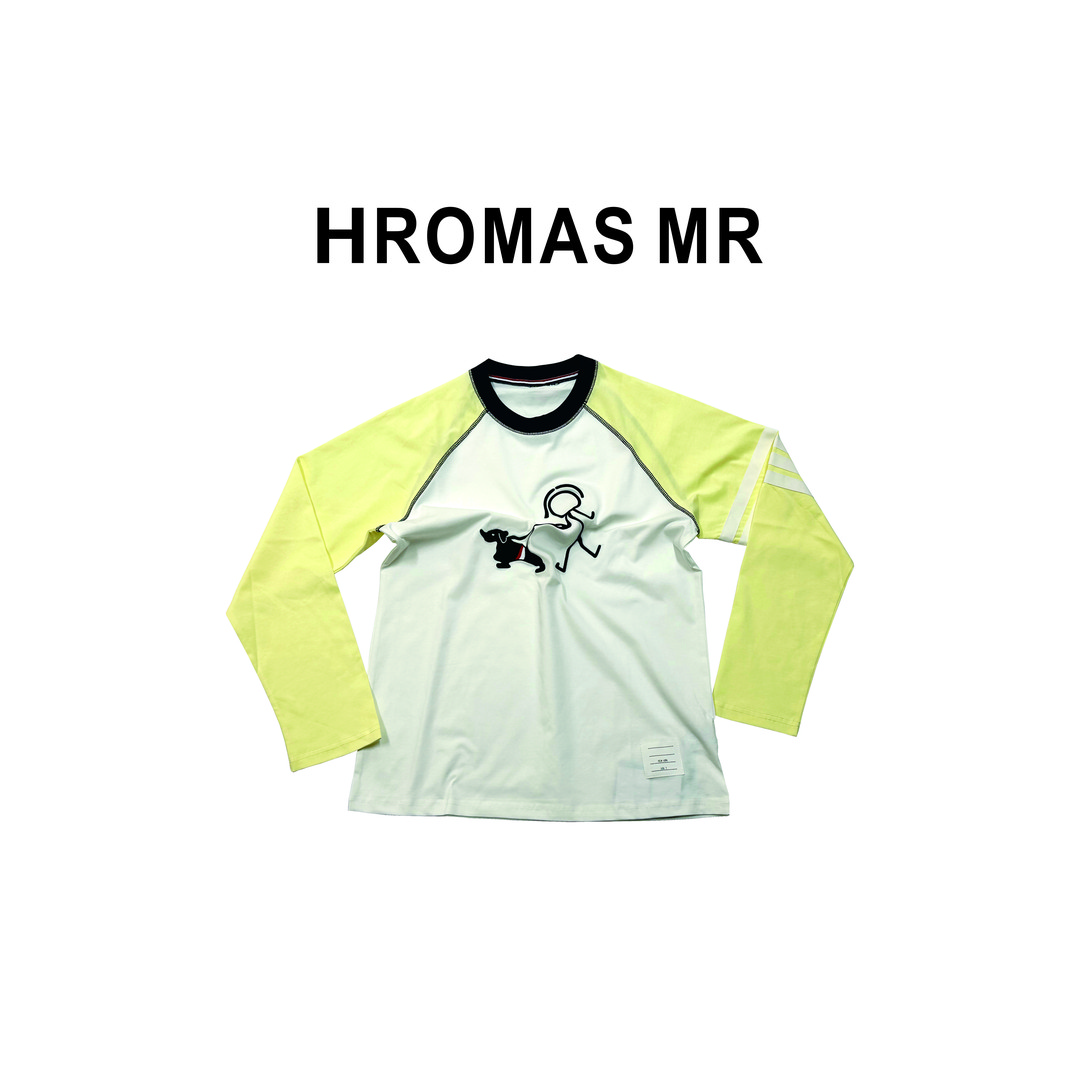 HROMAS MR】早春ss长袖圆领【火柴人遛狗】拼色撞领明线宽松