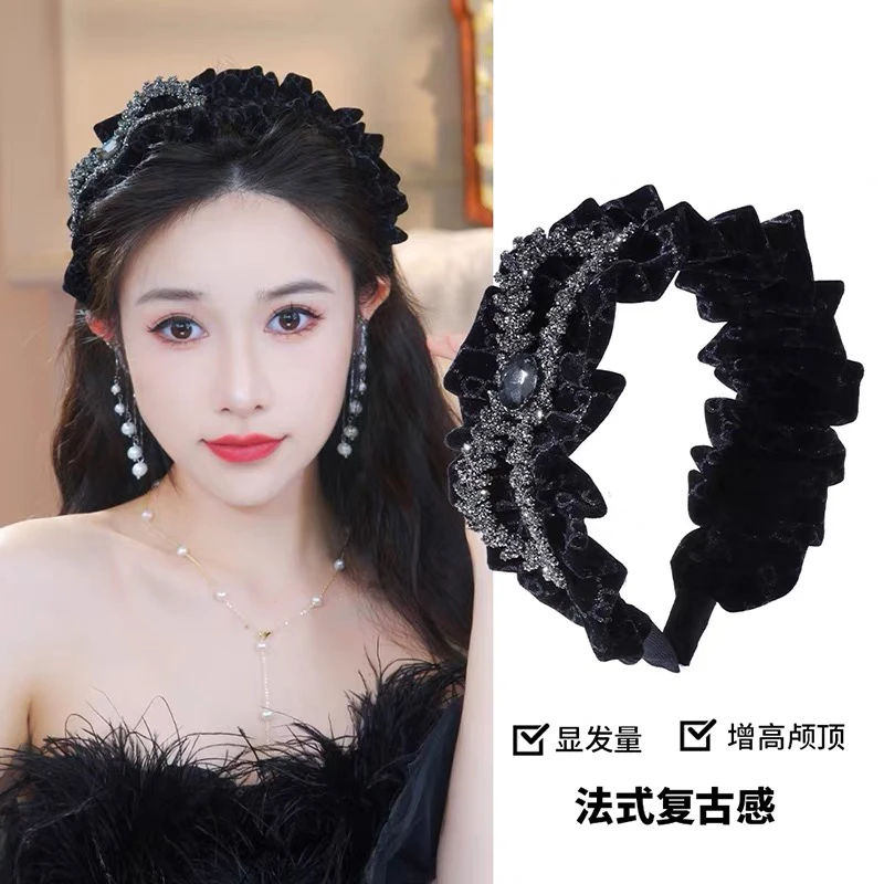 精致丝绒水钻蝴蝶结发箍复古增高颅顶宽边高颅顶压发头箍洗脸发卡