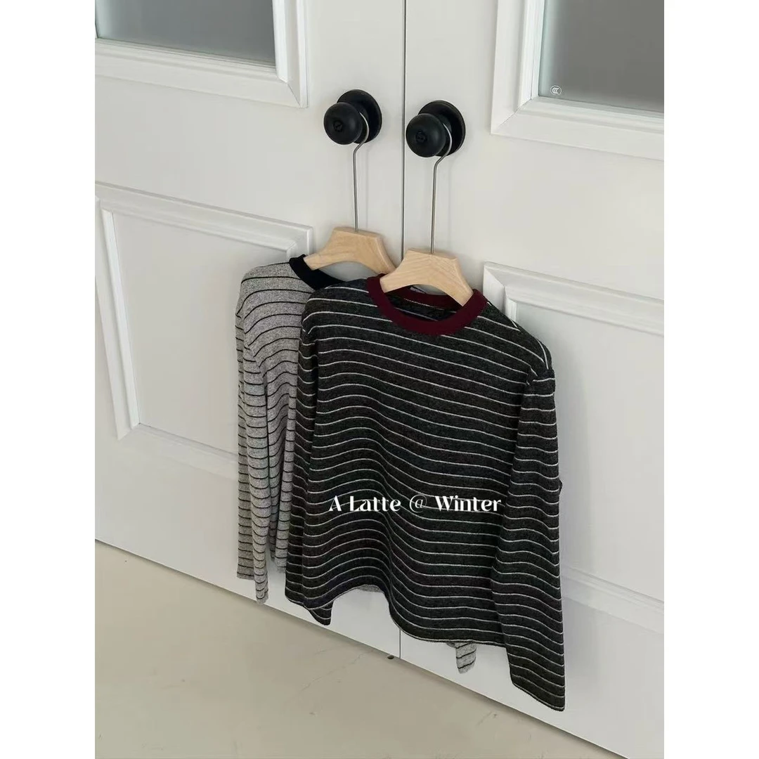 ALatte：双面绒打底/  超厚实条纹拼接打底衫