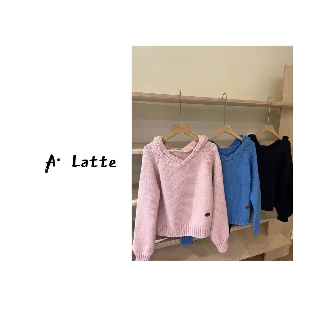 ALatte：休闲小粉/  连帽厚实插件纯色毛衣上衣