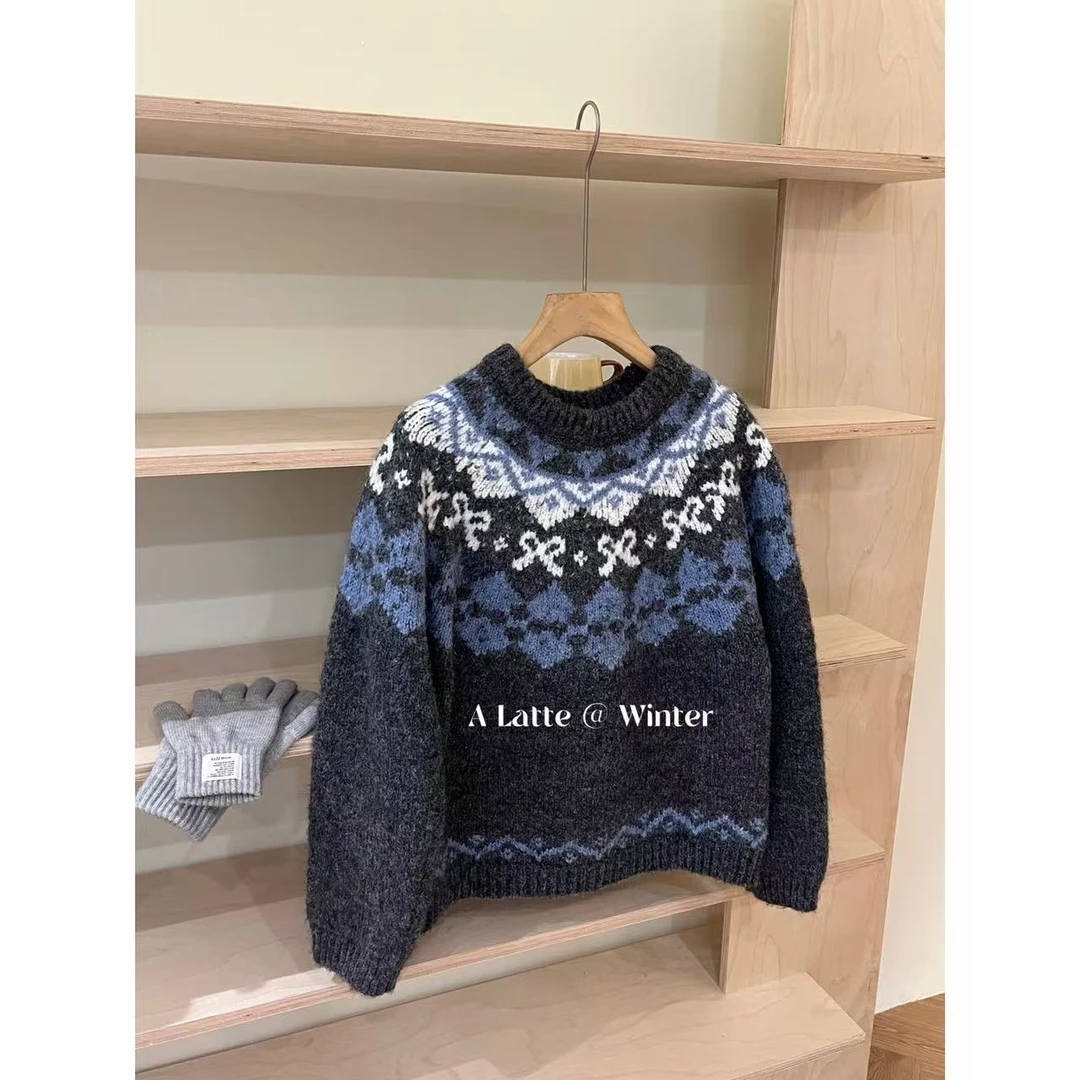 ALatte：雪花蝴蝶结/  圣诞限定加厚圆领套头费尔岛毛衣