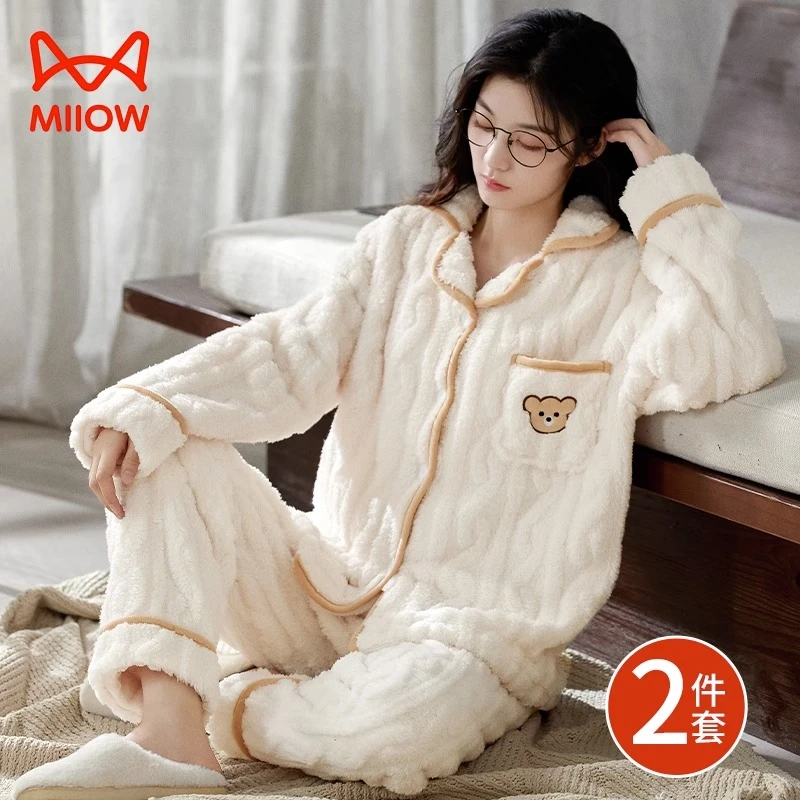 猫人珊瑚绒睡衣女秋冬季保暖2024新款加绒加厚拉链卡通法兰绒套装