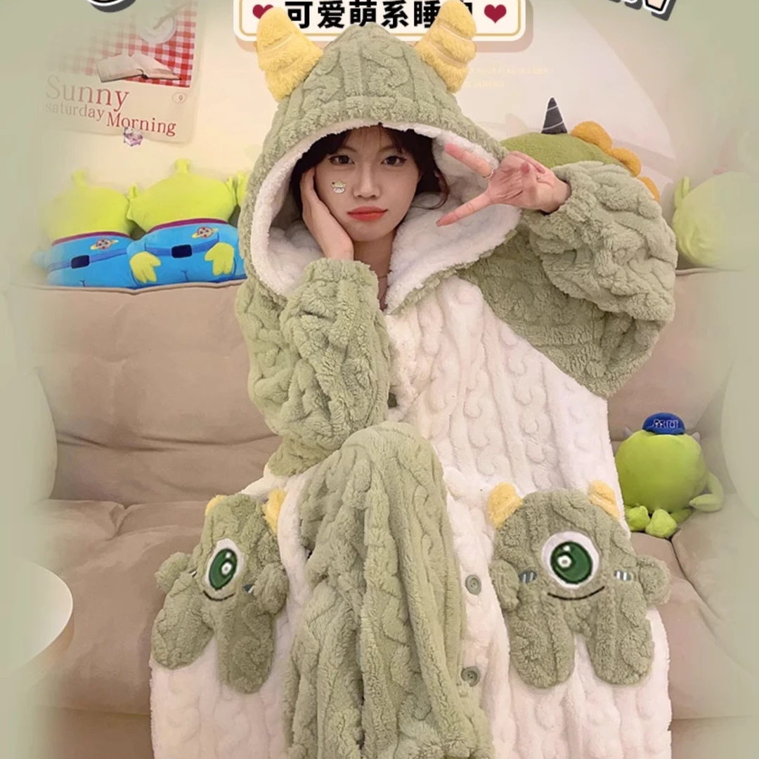 2023年新款双面烫光舒棉绒加绒加厚连帽学生宿舍居家甜美卡通睡袍