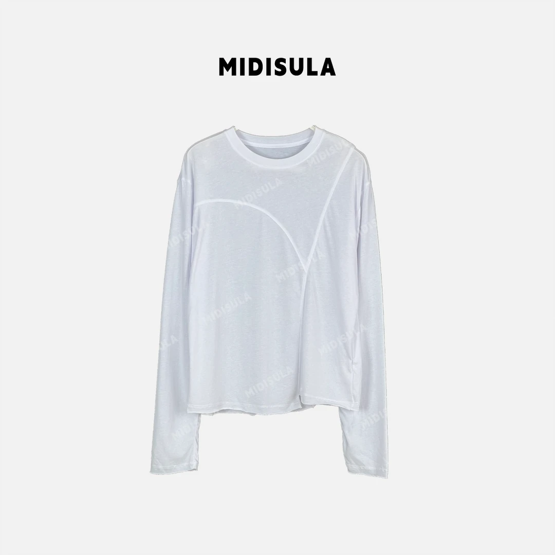 【H.MDSL】设计感不规则圆领弹力薄款长袖T恤新款休闲百搭上衣#1180