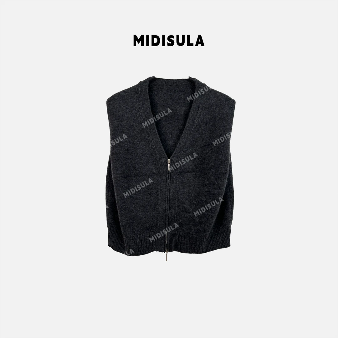 【H.MDSL】双拉链V领羊毛短款针织马甲叠穿毛衣背心坎肩#1841