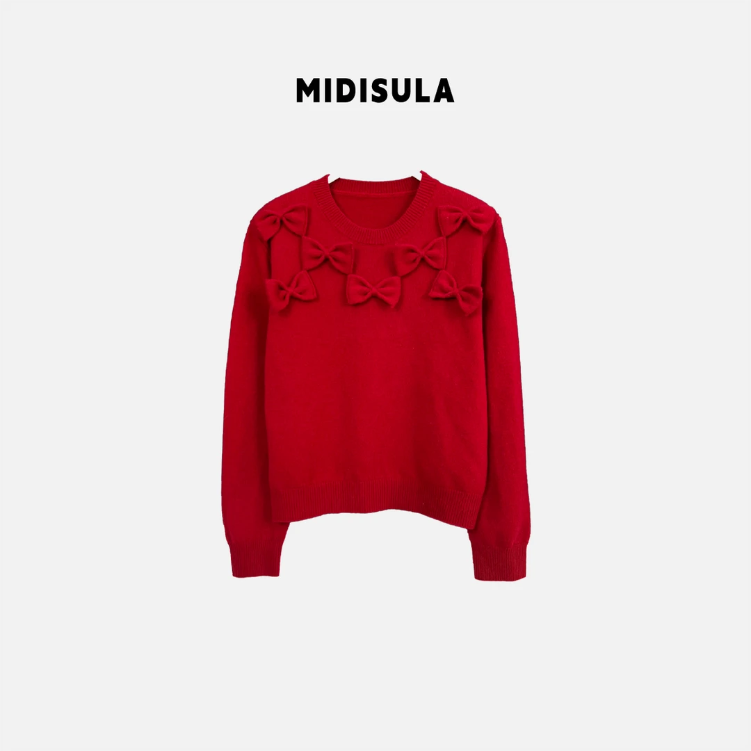 【H.MDSL】减龄百搭蝴蝶结立体圆领套头保暖毛衣#1991-88977