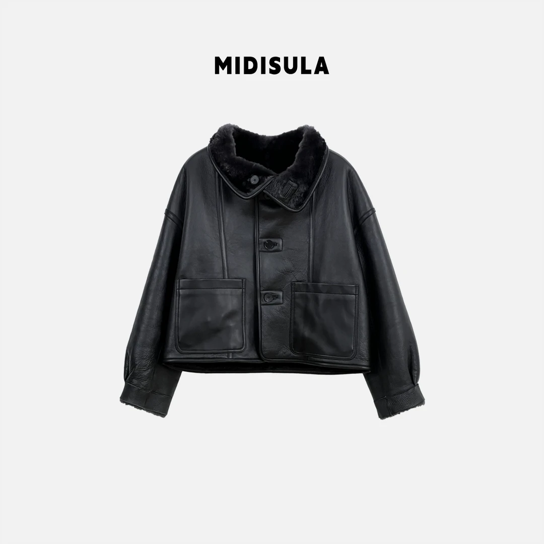 【H.MDSL】皮毛一体两面穿翻领毛毛外套时尚环保短款#2093