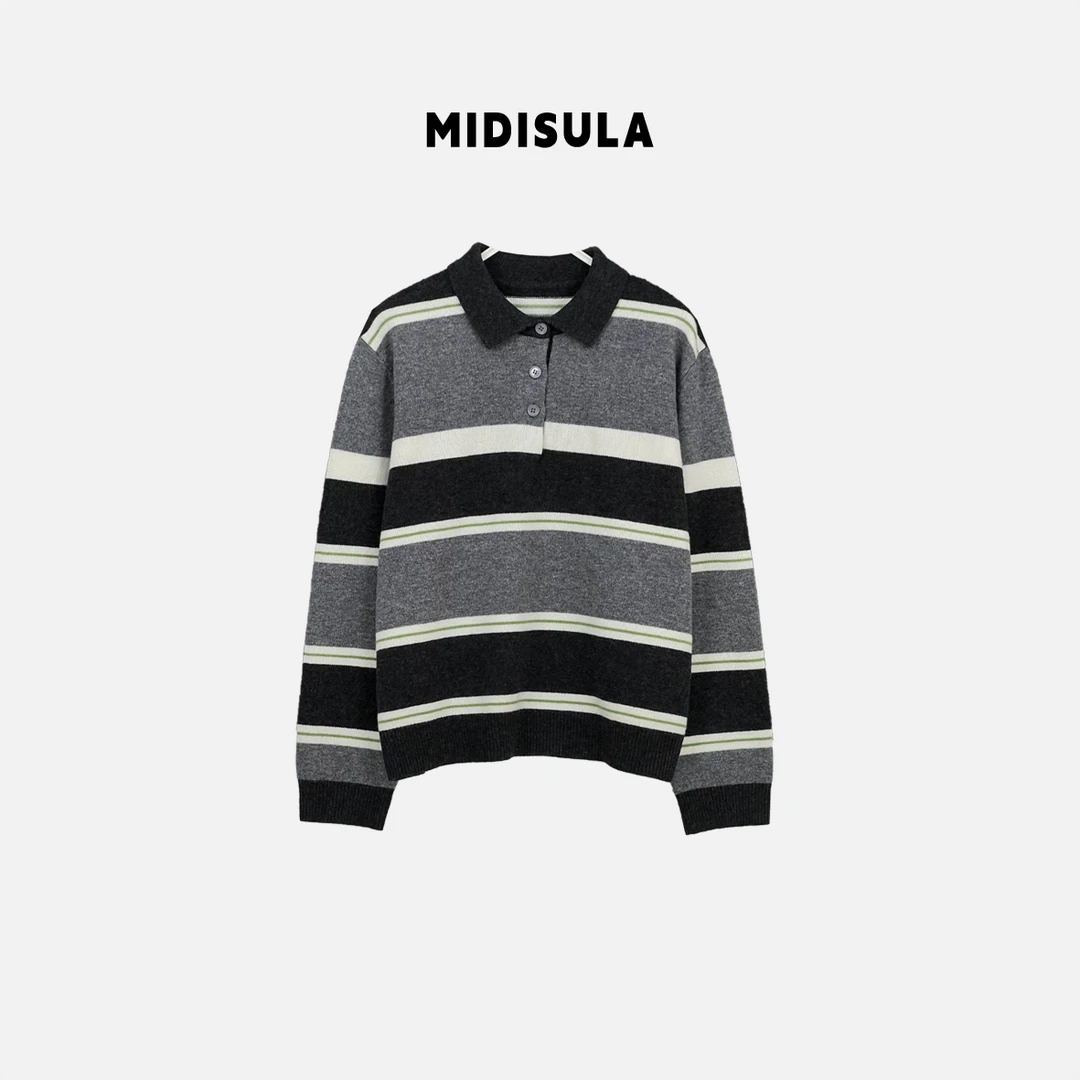 【H.MDSL】条纹polo领撞色上衣减龄显瘦长袖慵懒风毛衣#2014-82922