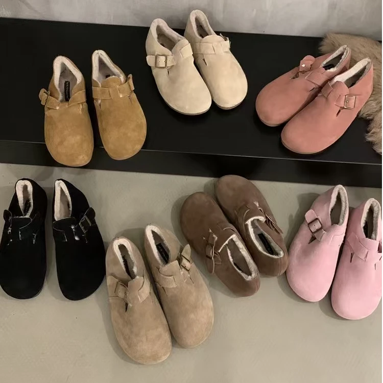 日系复古磨砂真皮厚底勃肯鞋女百搭懒人一脚蹬加厚圆头保暖单鞋