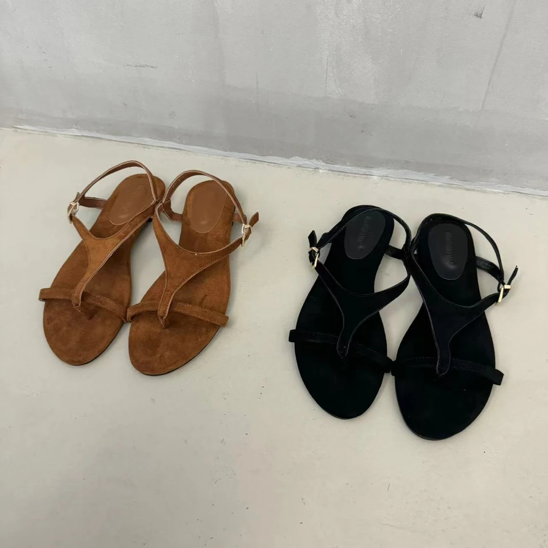 爆款绒面人字夹脚露趾平底凉鞋2024韩版夏季复古百搭休闲罗马鞋