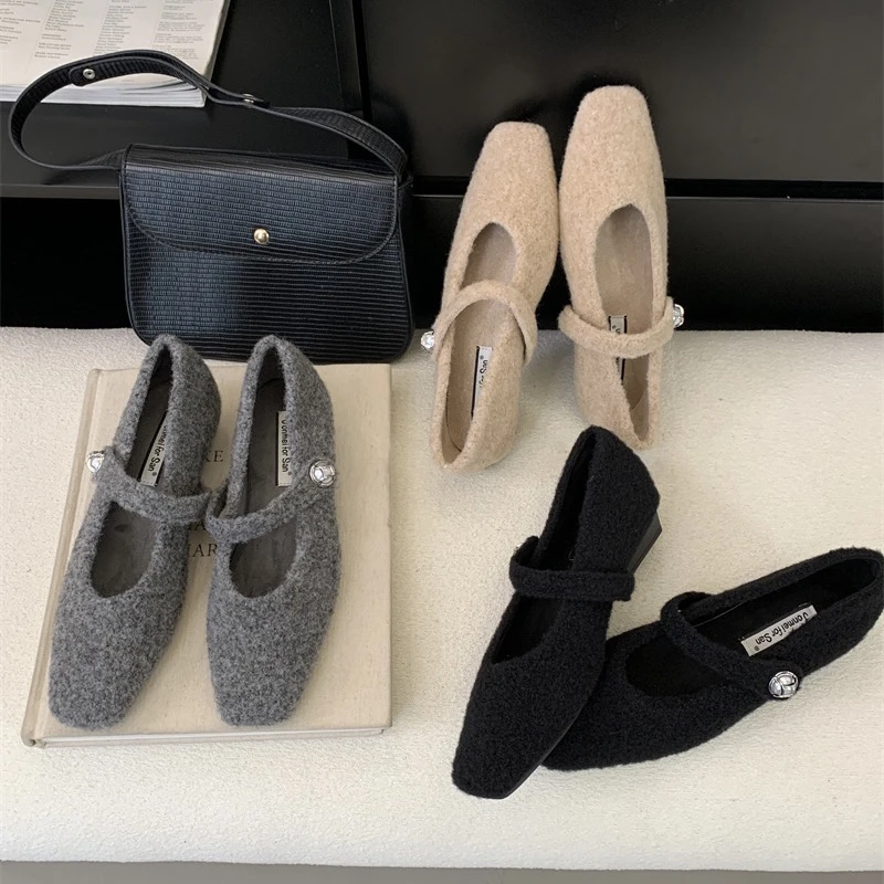 复古风温柔风方头一字带玛丽珍鞋2024年秋冬气质加绒毛毛鞋1973-5